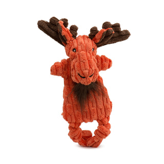 Orange moose corduroy plush dog toy with brown antlers and inner ears, brown hair tuft as beard, and black embroidered nostrils and eyes.