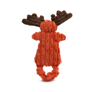 Back view of orange moose plush dog toy with brown antlers.