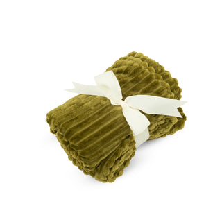 Olive colored scout blanket rolled up and wrapped with a white ribbon. 