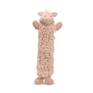 Elongated pig plush dog toy with dusty pink colored HuggleFleece® body, white hair tuft on top of head, dusty pink corduroy face, ears, arms, and legs, and brown embroidered nose and closed eyes.