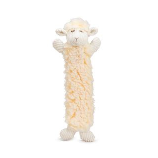 Elongated lamb plush dog toy with natural colored HuggleFleece® body and top of head, white corduroy face, ears, arms, and legs, and brown embroidered nose and closed eyes.