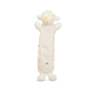 Back view of elongated lamb plush dog toy with natural colored HuggleFleece® body and top of head, and white corduroy face, ears, arms, legs, and back.