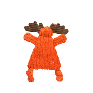 Back view of orange triangle shaped moose corduroy plush dog toy with brown corduroy antlers and inner ears, brown beard tuft on chin, knotted legs, short stubby arms, and black embroidered eyes and nostrils.