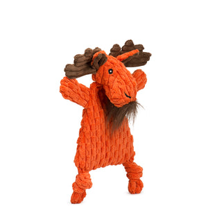 Side view of orange triangle shaped moose corduroy plush dog toy with brown corduroy antlers and inner ears, brown beard tuft on chin, knotted legs, short stubby arms, and black embroidered eyes and nostrils.