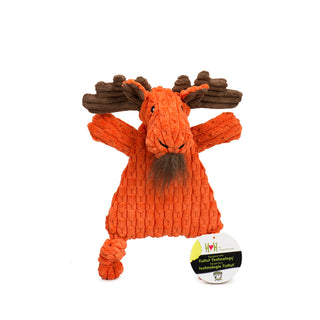 Orange triangle shaped moose corduroy plush dog toy with brown corduroy antlers and inner ears, brown beard tuft on chin, knotted legs, short stubby arms, and black embroidered eyes and nostrils with tag.