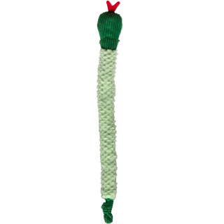 Looking at the bottom side of the large snake.  The bottom of the snake is light green plush. The bottom of the head and the tip of the tail is bright green corduroy plush.  The end of the snake's tail is knotted.