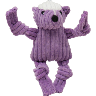 Close up picture of the very small (wee) skunk.  He is made of purple corduroy plush with knotted arms and legs.  His nose is black and the top of his head is white.