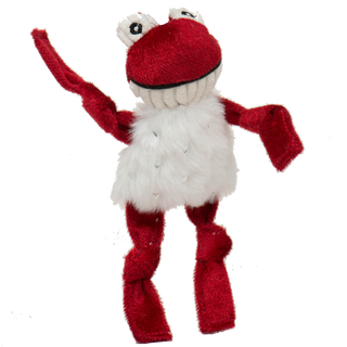 Close up picture of the very small (wee) red frog.  He is made of red velveteen fabric.  His arms and legs are knotted.  He has big white eyes with black and white pupils.  The bottom of his mouth is white corduroy plush and his belly is fluffy with white plush with silver flecks.  