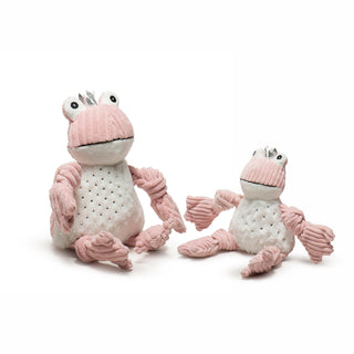 Picture of the small and large Kiss a Prince Charming Frog Knottie. Dressed in light pink corduroy wide-wale plush with a super soft silver-flecked belly, and topped with a silver crown, Kiss is as charming as he is cuddly.   His arms and legs are knottied.