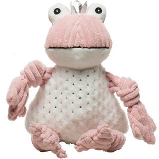 Picture of large Kiss a Prince Charming Frog Knottie. Dressed in light pink corduroy wide-wale plush with a super soft silver-flecked belly, and topped with a silver crown, Kiss is as charming as he is cuddly.   His arms and legs are knotted.