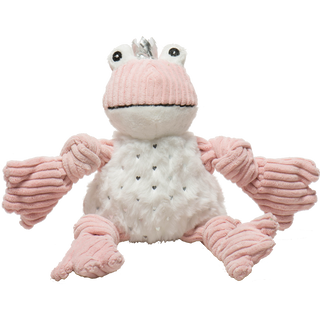 Picture of small Kiss a Prince Charming Frog Knottie. Dressed in light pink corduroy wide-wale plush with a super soft silver-flecked belly, and topped with a silver crown, Kiss is as charming as he is cuddly.   His arms and legs are knotted.