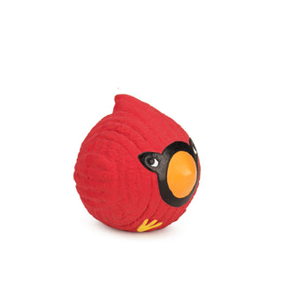 Red cardinal Ruff-Tex squeaky latex ball with yellow feet, orange beak, and black area around beak and eyes.