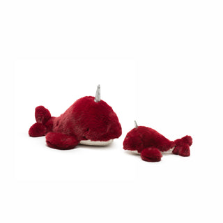 Set of two fluffy maroon plush Noel Narwhal Knottie dog toys with knotted tails, black embroidered eyes, and metallic silver horn on head in large and small.