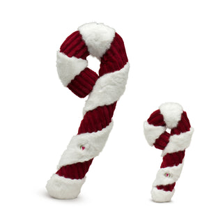 Set of two candy cane plush dog toys in large and super-size: red wide-wale corduroy and white fluffy fabric in alternating stripes.