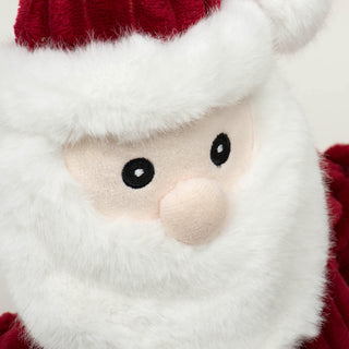 Close up showing fabric texture and embroidery details on St. Nick plush dog toy's face.