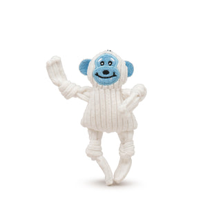 White yeti Wee Huggle corduroy plush dog toy with knotted limbs, light blue face and inner ears, and embroidered details.