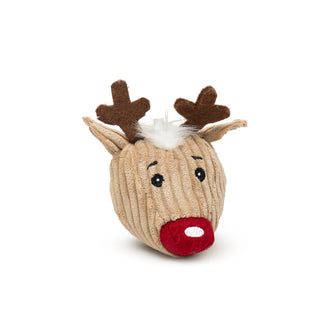 Tan plush corduroy Rudolph reindeer head with white hair tuft on head, red nose with white highlight, brown antlers, and black embroidered eyes and eyebrows.