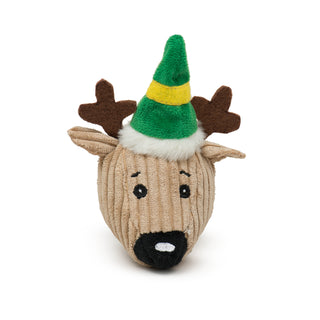 Tan plush corduroy reindeer head with green hat with yellow stripe and white fluff around bottom of the hat, black nose with white highlight, brown antlers, and black embroidered eyes and eyebrows.