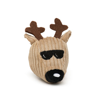 Tan plush corduroy reindeer head with black embroidered sunglasses, black nose with white highlight, and brown antlers.