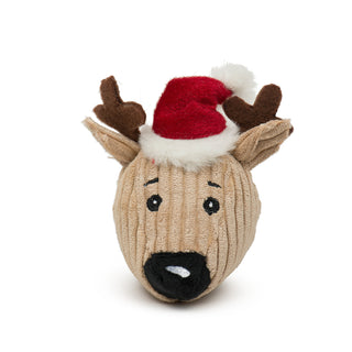 Tan plush corduroy reindeer head with red and white Santa hat, black nose with white highlight, brown antlers, and black embroidered eyes and eyebrows.