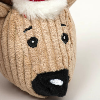 Close up of reindeer head to show embroidered facial details.