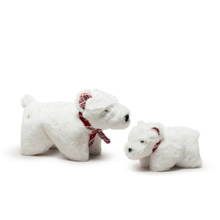 Set of two fuzzy white Nordic Frost Squooshie™ Polar Bear plush dog toys in large and small: white fuzzy bear with red nordic print scarf and inside of ears, black nose, and black embroidered eyes.