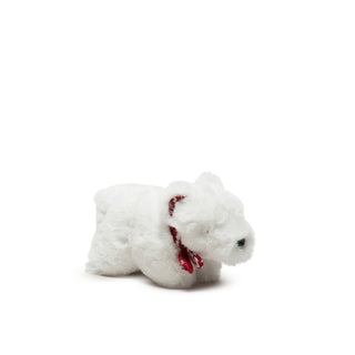 Small size white fuzzy polar bear with red nordic print scarf and inside of ears, black nose, and black embroidered eyes.