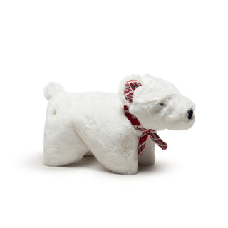 Large size white fuzzy polar bear with red nordic print scarf and inside of ears, black nose, and black embroidered eyes.