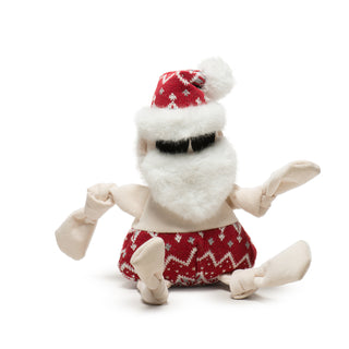 Large size pale skin tone body with knotted limbs, red nordic print bathing suit and hat, fluffy white beard and trim on hat, and black embroidered sunglasses.