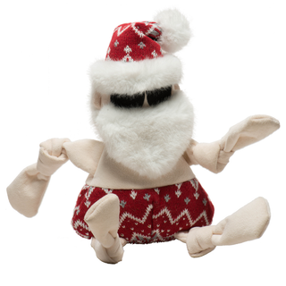 A plush Santa Claus toy with a white faux-fur beard and hat trim, red knit patterned clothing, and cream-colored hands and legs, isolated on a white background.