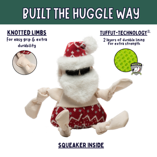 A plush Santa Claus toy with knotted fabric limbs and a fuzzy white beard, shown on a white background with marketing text and feature callouts including 'Built the Huggle Way,' 'Knotted Limbs,' and 'Tuffut-Technology.'.