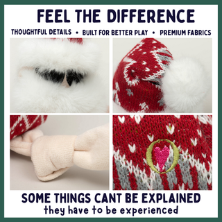A promotional collage with four inset close-ups showing texture details: a white fluffy pom-pom, a red-and-white knit pattern, a cream knotted accent, and a pink heart embroidery. Large text reads 'FEEL THE DIFFERENCE' and 'SOME THINGS CAN'T BE EXPLAINED they have to be experienced.