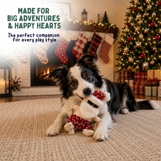 A black and white dog lies on a beige carpet in a cozy holiday living room, holding a plush Santa Claus toy. A fireplace with stockings, a decorated Christmas tree, and wrapped gifts are visible in the background, with promotional text in the upper left corner.
