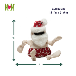 A Santa Claus plush toy shown on a white background with measurement arrows and text indicating its actual size as 15 inches tall by 9 inches wide. The HH logo appears in the top left corner.