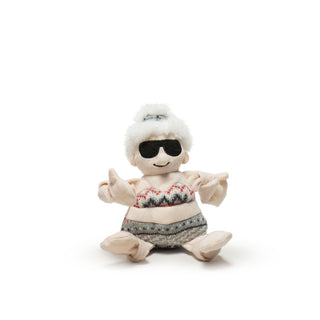 Small size Beach Babe Mrs. C with pale skin tone body and knotted arms with gray nordic print bikini and hair scrunchie, fluffy white hair in bun, big sunglasses on face and embroidered black smile.