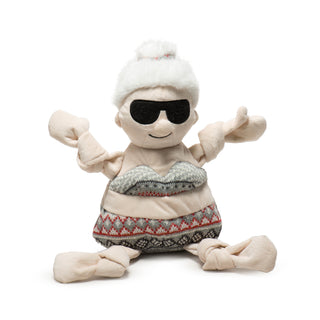 Large size Beach Babe Mrs. C with pale skin tone body and knotted arms with gray nordic print bikini and hair scrunchie, fluffy white hair in bun, big sunglasses on face and embroidered black smile.