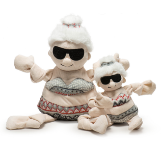 Two Mrs Claus dog toys with white faux-fur hats, black sunglasses, and knit patterned outfits, posed together on a white background.