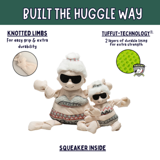 Two plush huggle toys with knotted cream-colored limbs and patterned gray, red, and beige sweaters, shown on a white background with a dark green header reading 'BUILT THE HUGGLE WAY' and feature callouts.