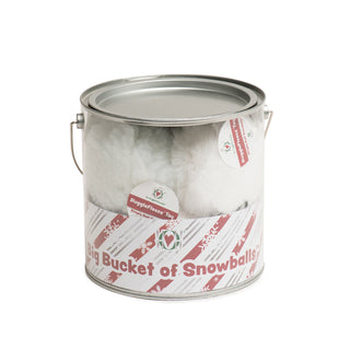 Bucket of eight white fluffy plush snowballs made of HuggleFleece® and faux-fur fabrics.