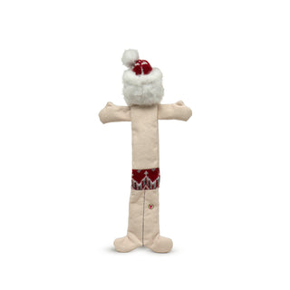 Back view of stretched out Santa with pale skin tone body, red nordic swim trunks and hat, white fluffy back of head and hat details.