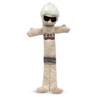 A plush mrs claus foy with a long beige body, white furry hat, black sunglasses, and patterned red, gray, and white knit bands on the torso and legs, photographed on a plain white background.