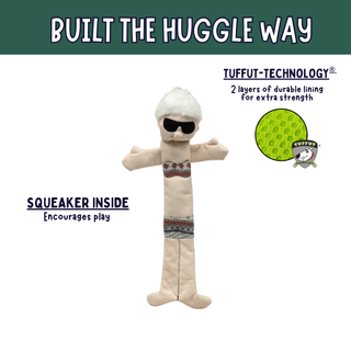 A beige plush huggie toy with a white furry head, black sunglasses, and a patterned waist, shown on a white background with promotional text and a green fabric swatch inset.