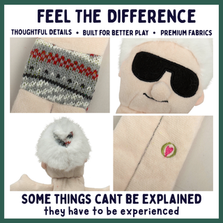 A promotional collage for a plush toy or soft toy, showing four close-up panels with text at the top and bottom. The panels highlight knit cuff details, black embroidered sunglasses, a fluffy white hat, and a small pink heart patch.