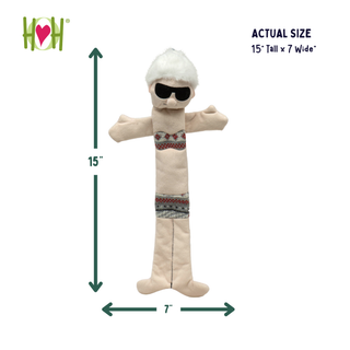 A tall beige plush character toy with a white furry hat, black sunglasses, and patterned gray, red, and white accents on the torso and legs, shown on a white background with measurement arrows and text indicating actual size 15' tall x 7' wide.