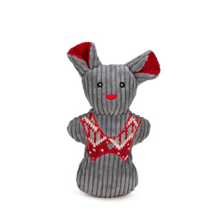 Gray corduroy mouse cookie plush dog toy with red nordic vest, red inner ears and nose, and black embroidered eyes.