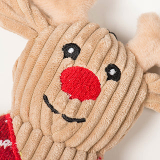 Close up of reindeer cookie's embroidered facial details.