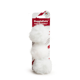 Three white fluffy plush snowball cat toys with catnip on headcard.