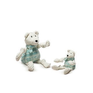 Set of two white corduroy Tundra Polar Bear plush dog toy with knotted limbs in large and small: white corduroy limbs and head, aqua and white Nordic fabric sweater and scarf, and black embroidered facial details.