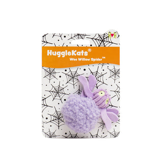 Fluffy light purple Wee Willow Spider cat toy with 6 light purple legs, light purple corduroy head, and big lime green embroidered eyes on packaging header card. 