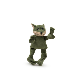 Olive green WeeHuggle® fox plush dog toy with knotted limbs, tan inner ears and bottom half of face, and embroidered facial features.